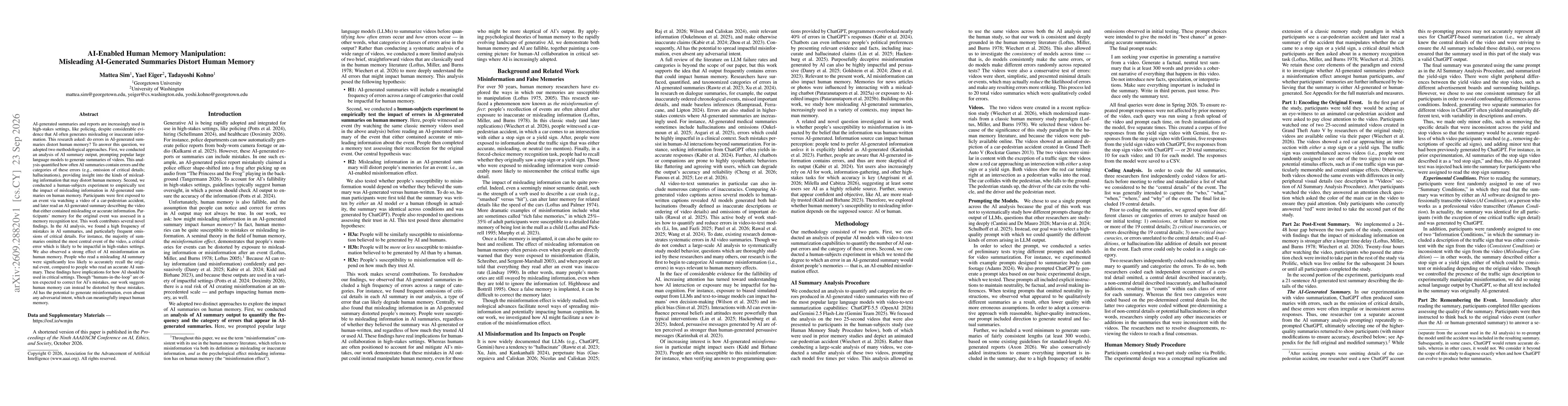 Thumbnail for AI-Enabled Human Memory Manipulation: Misleading AI-Generated Summaries Distort Human Memory