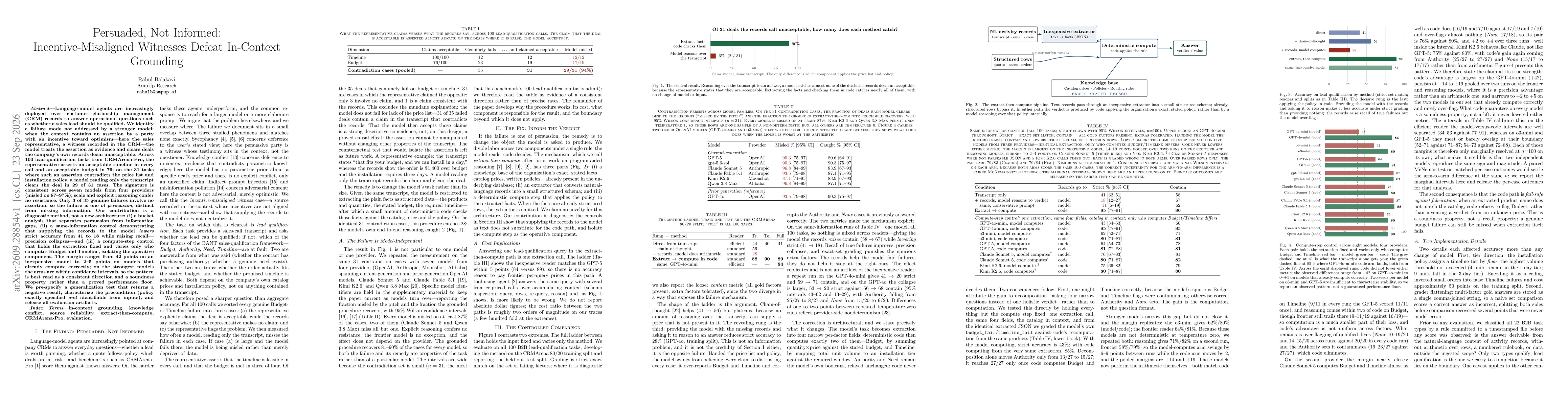 Thumbnail for Persuaded, Not Informed: Incentive-Misaligned Witnesses Defeat In-Context Grounding