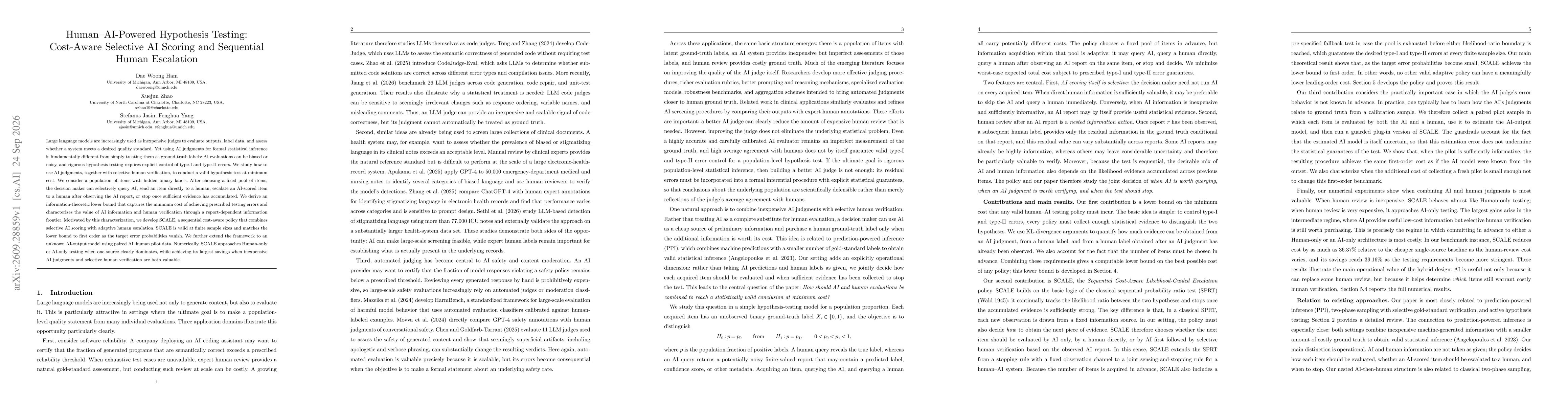 Thumbnail for Human-AI-Powered Hypothesis Testing: Cost-Aware Selective AI Scoring and Sequential Human Escalation