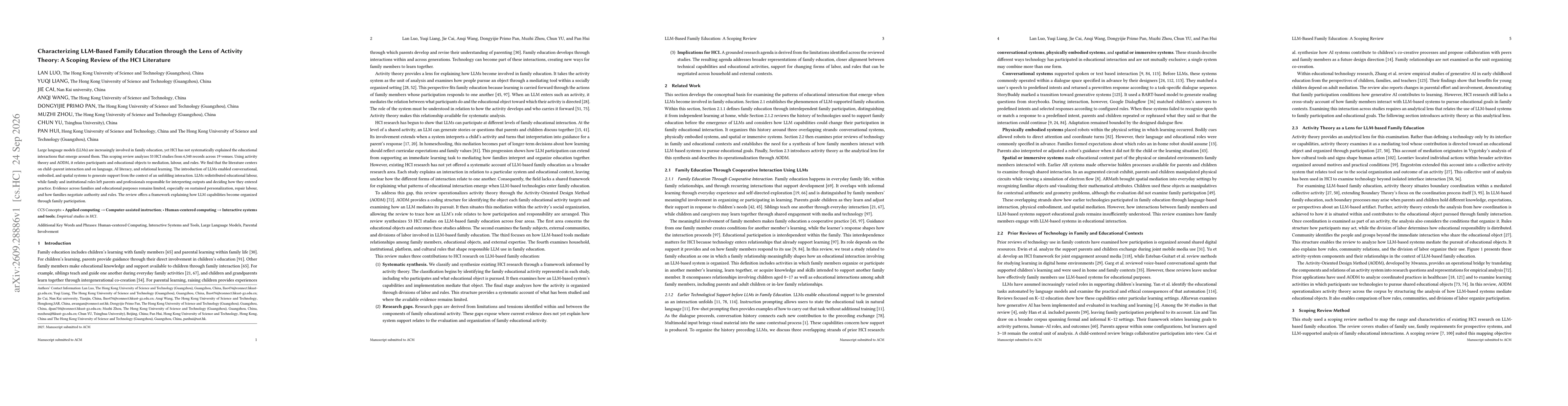 Thumbnail for Characterizing LLM-Based Family Education through the Lens of Activity Theory: A Scoping Review of the HCI Literature