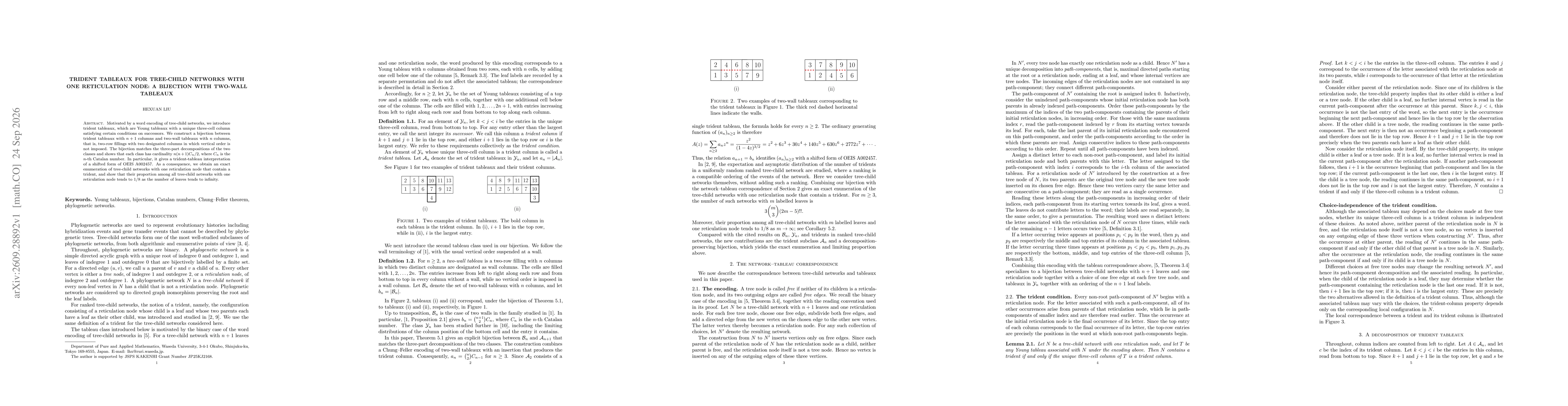 Thumbnail for Trident Tableaux for Tree-Child Networks with One Reticulation Node: A Bijection with Two-Wall Tableaux
