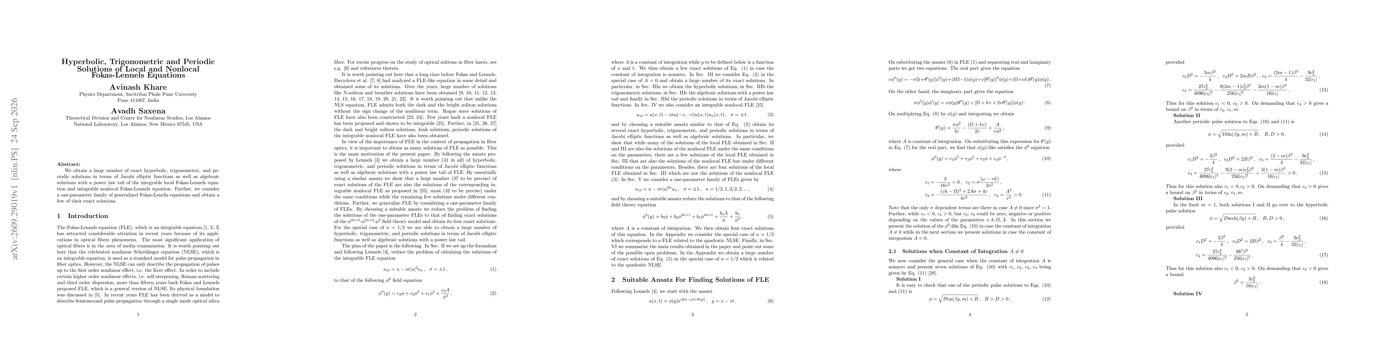 Thumbnail for Hyperbolic, Trigonometric and Periodic Solutions of Local and Nonlocal Fokas-Lennels Equations