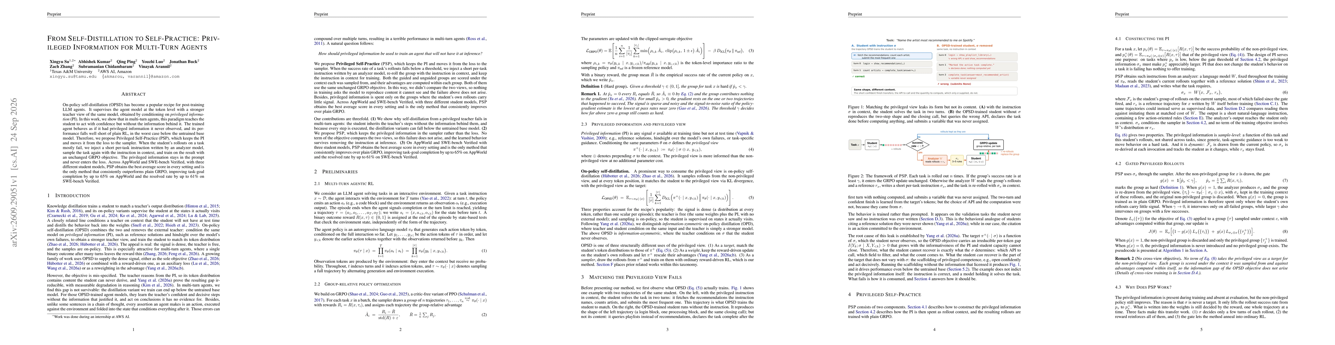 Thumbnail for From Self-Distillation to Self-Practice: Privileged Information for Multi-Turn Agents