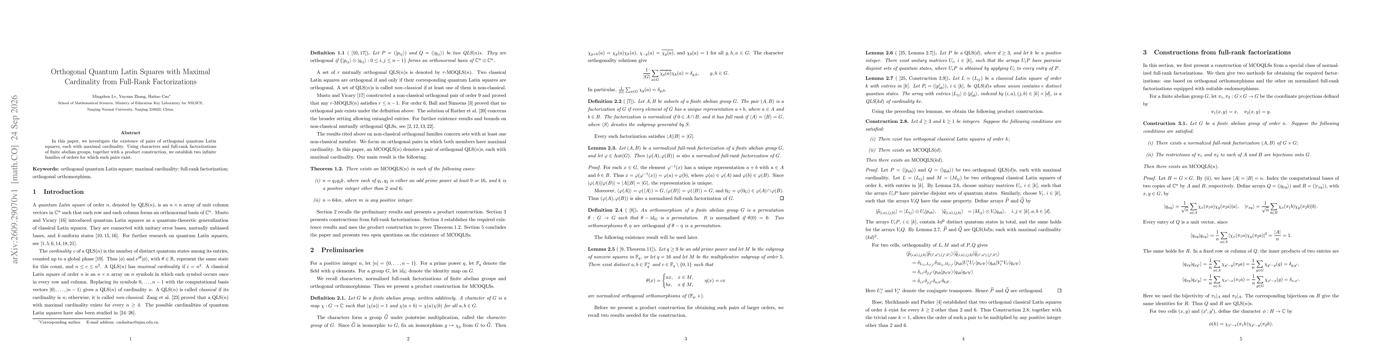 Thumbnail for Orthogonal Quantum Latin Squares with Maximal Cardinality from Full-Rank Factorizations
