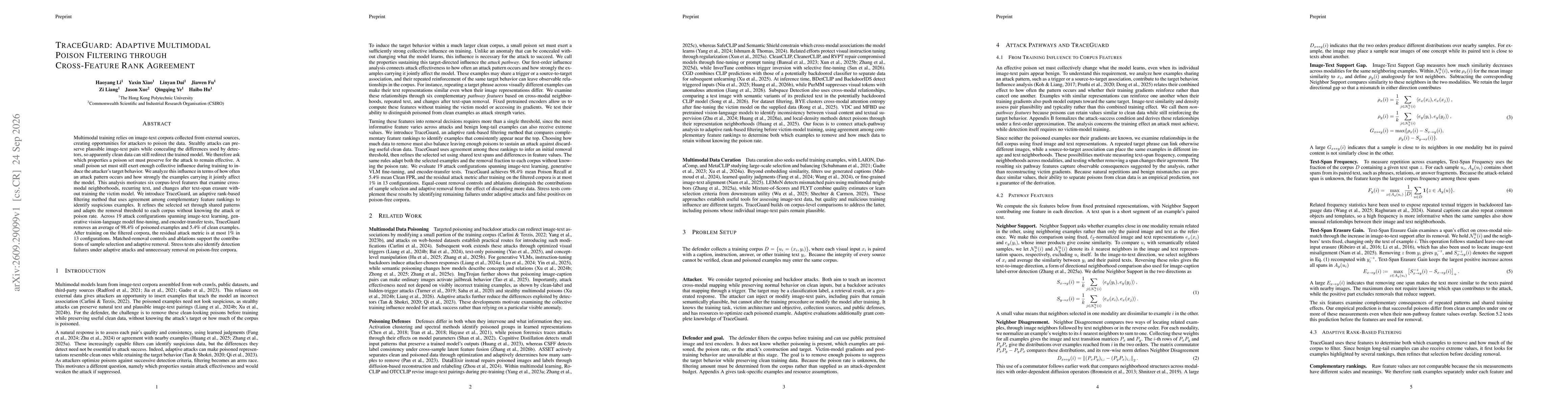 Thumbnail for TraceGuard: Adaptive Multimodal Poison Filtering through Cross-Feature Rank Agreement