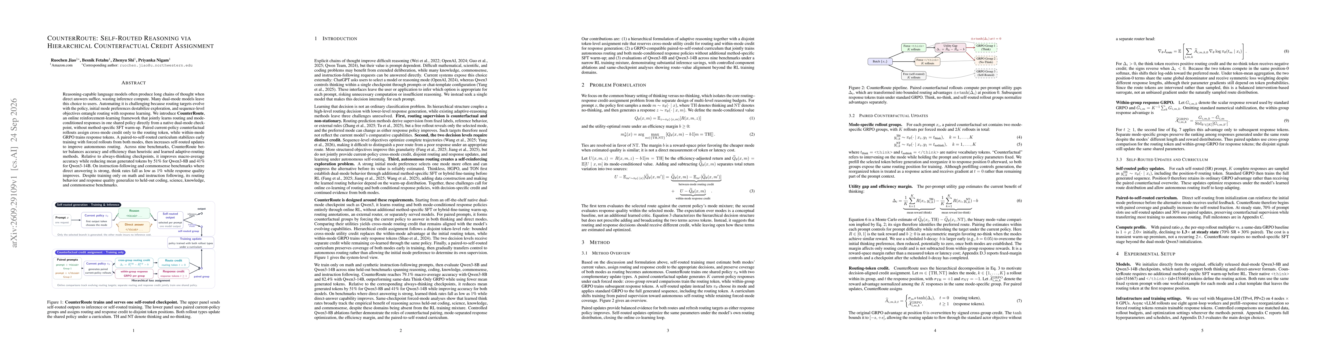Thumbnail for CounterRoute: Self-Routed Reasoning via Hierarchical Counterfactual Credit Assignment