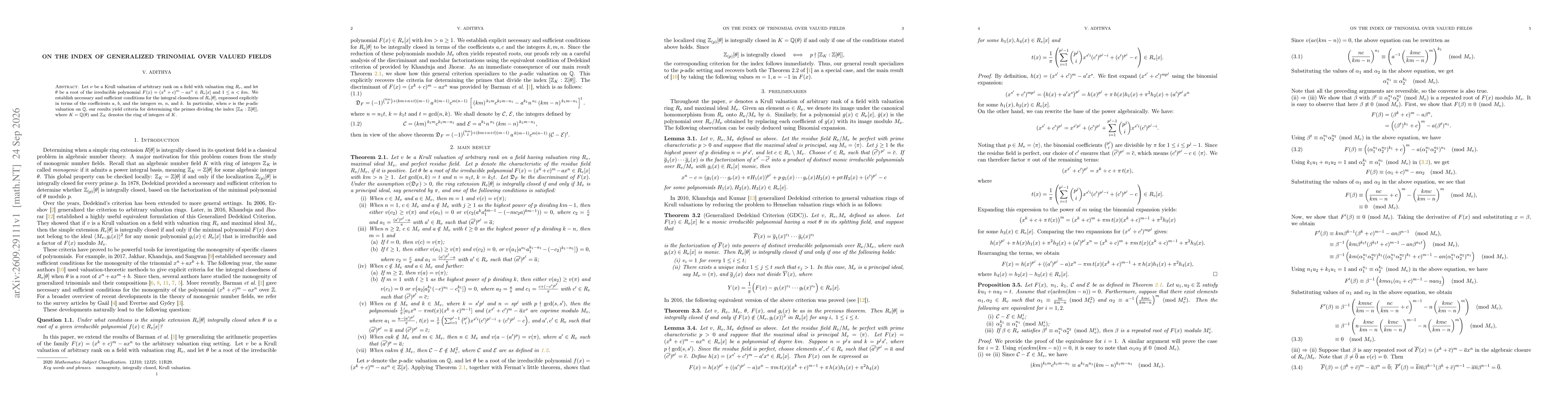 Thumbnail for On the index of generalized trinomials over Valued fields