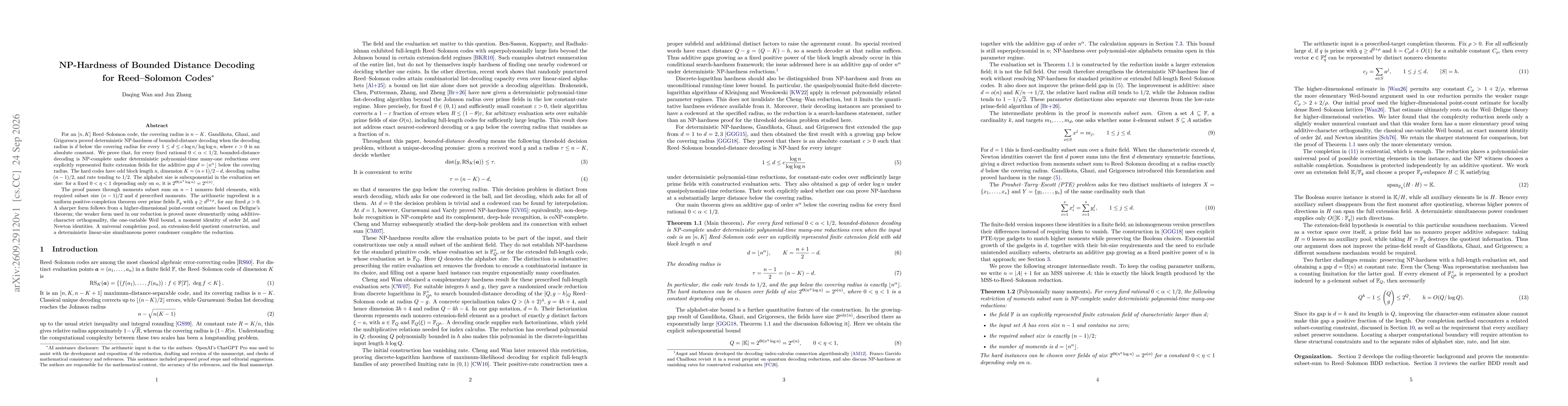 Thumbnail for NP-Hardness of Bounded Distance Decoding for Reed-Solomon Codes