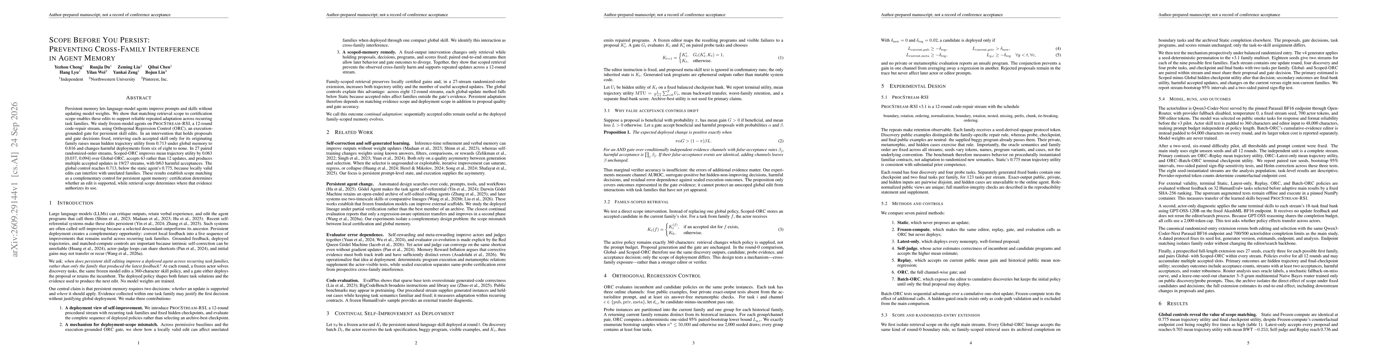 Thumbnail for Scope Before You Persist: Preventing Cross-Family Interference in Agent Memory