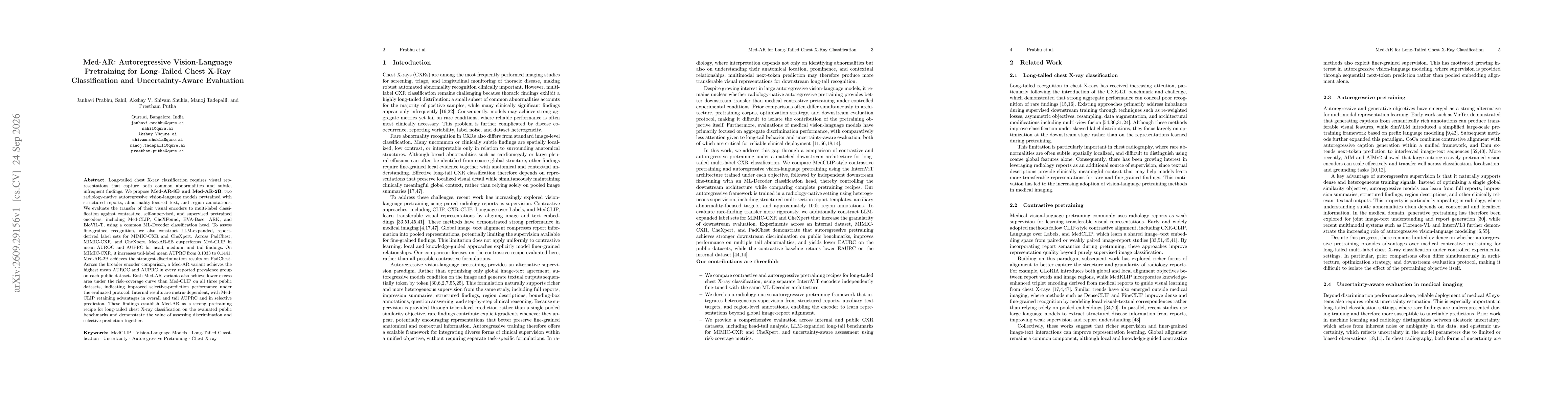 Thumbnail for Med-AR: Autoregressive Vision-Language Pretraining for Long-Tailed Chest X-Ray Classification and Uncertainty-Aware Evaluation