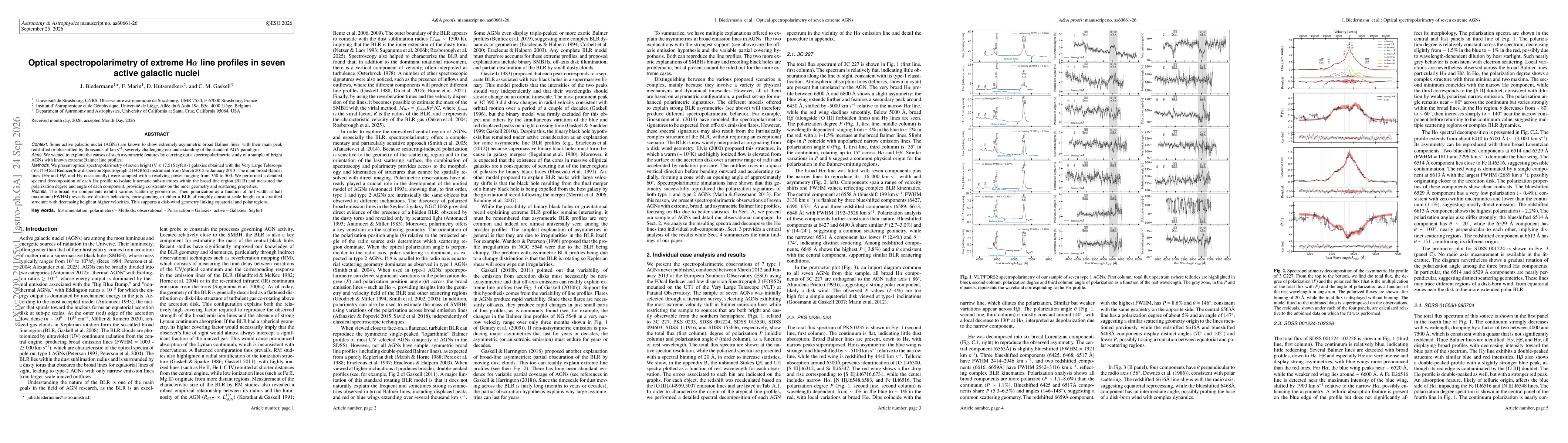 Thumbnail for Optical spectropolarimetry of extreme H$α$ line profiles in seven active galactic nuclei