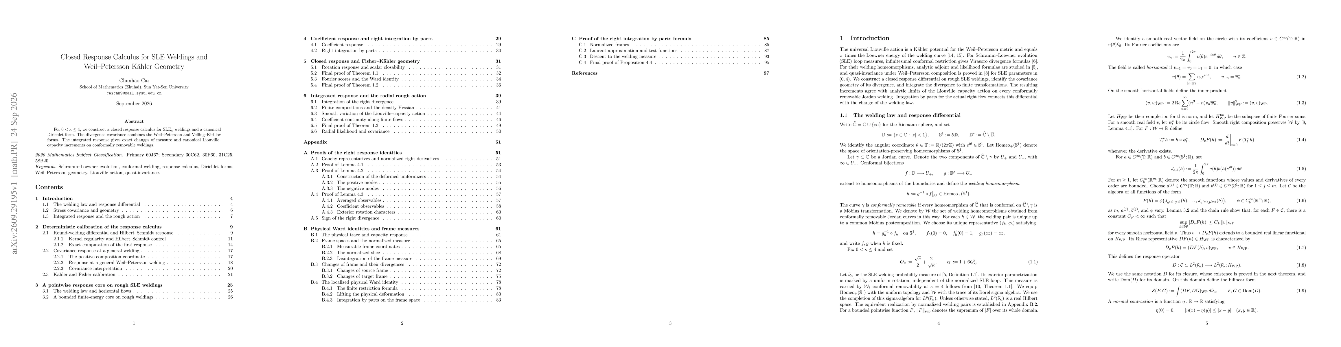 Thumbnail for Closed Response Calculus for SLE Weldings and Weil--Petersson Kähler Geometry