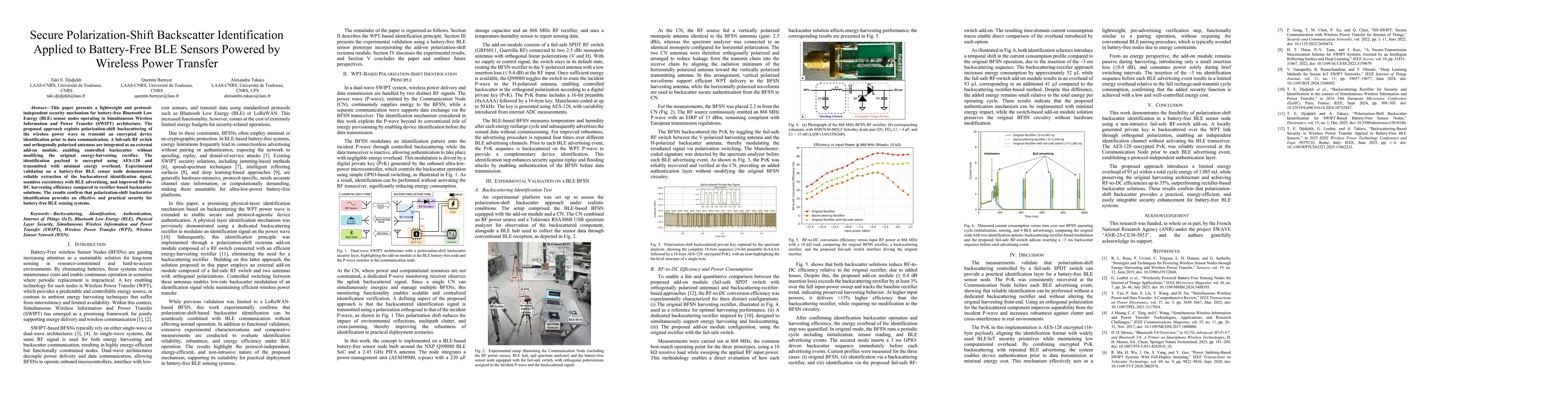 Thumbnail for Secure Polarization-Shift Backscatter Identification Applied to Battery-Free BLE Sensors Powered by Wireless Power Transfer
