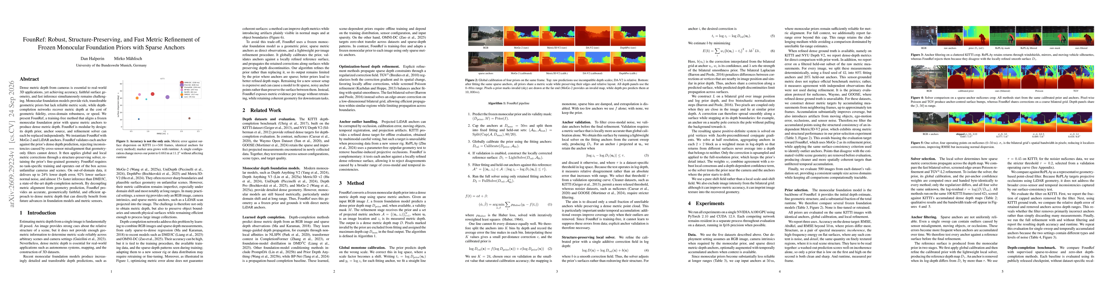 Thumbnail for FounRef: Robust, Structure-Preserving, and Fast Metric Refinement of Frozen Monocular Foundation Priors with Sparse Anchors