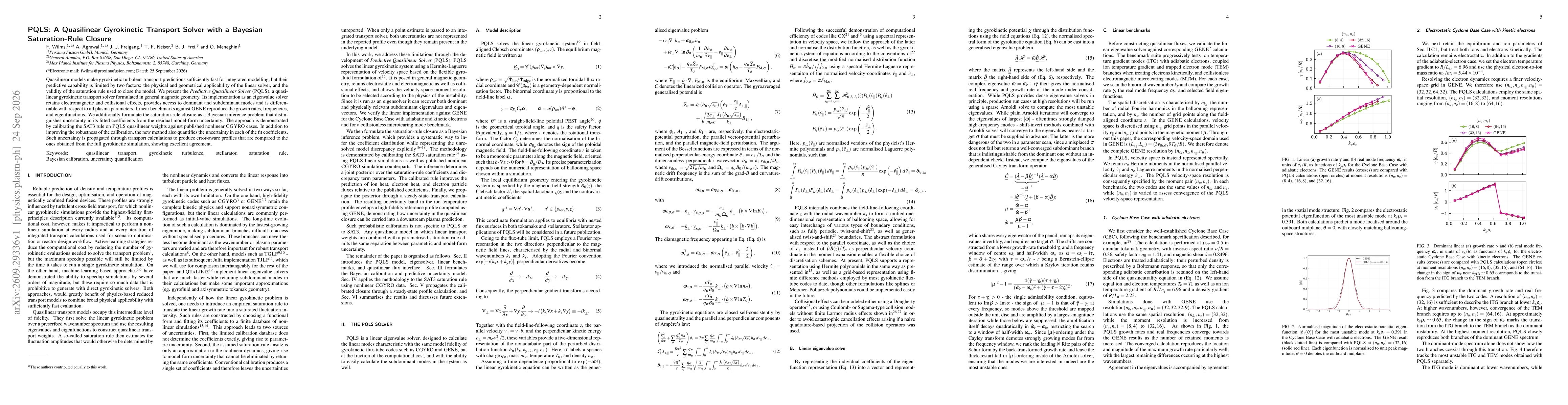 Thumbnail for PQLS: A Quasilinear Gyrokinetic Transport Solver with a Bayesian Saturation-Rule Closure