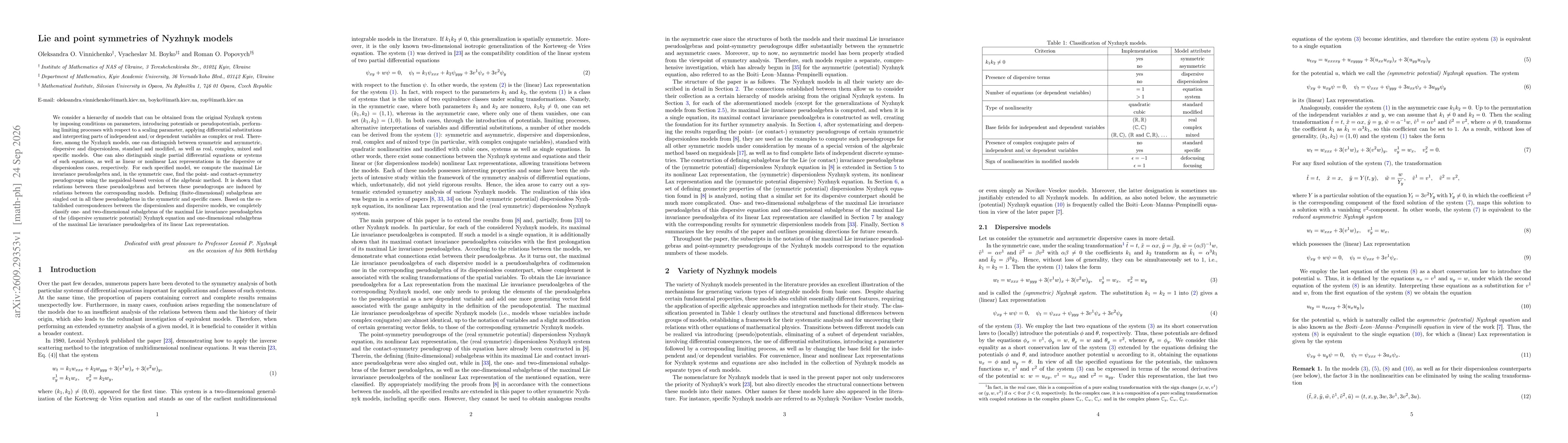 Thumbnail for Lie and point symmetries of Nyzhnyk models