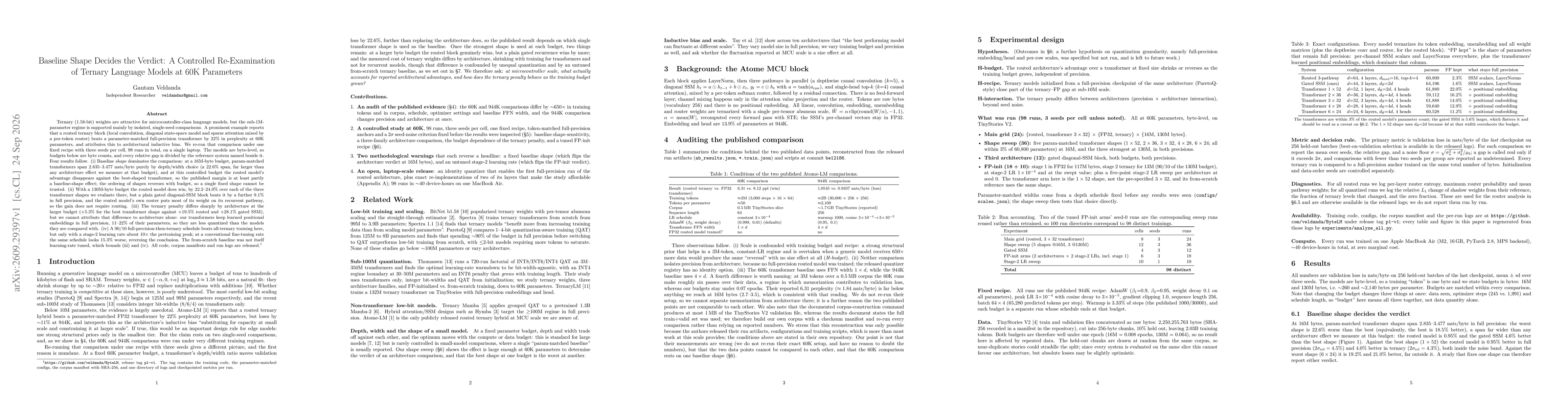Thumbnail for Baseline Shape Decides the Verdict: A Controlled Re-Examination of Ternary Language Models at 60K Parameters