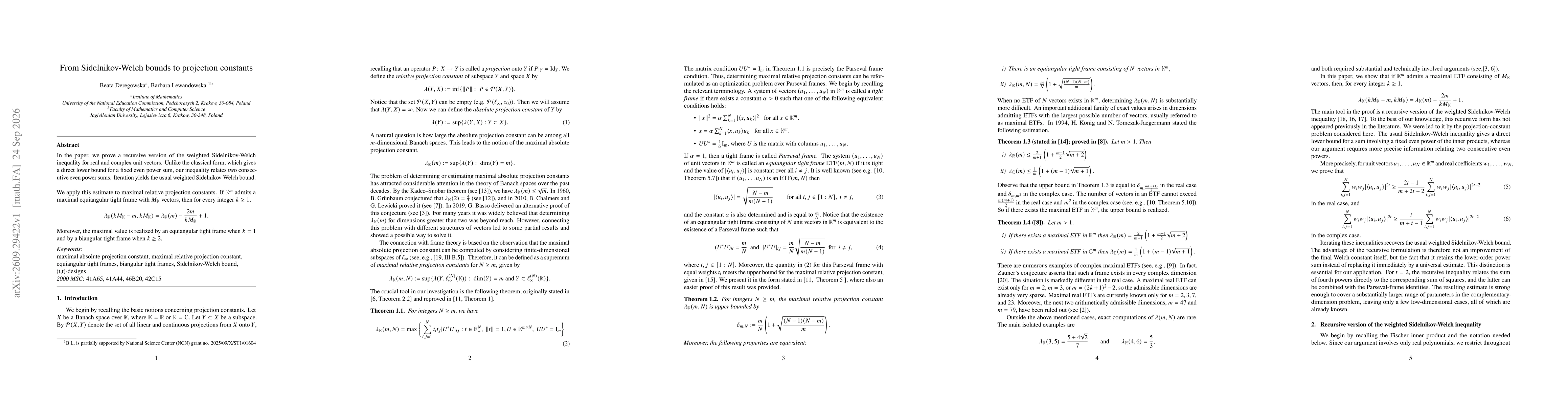 Thumbnail for From Sidelnikov-Welch bounds to projection constants