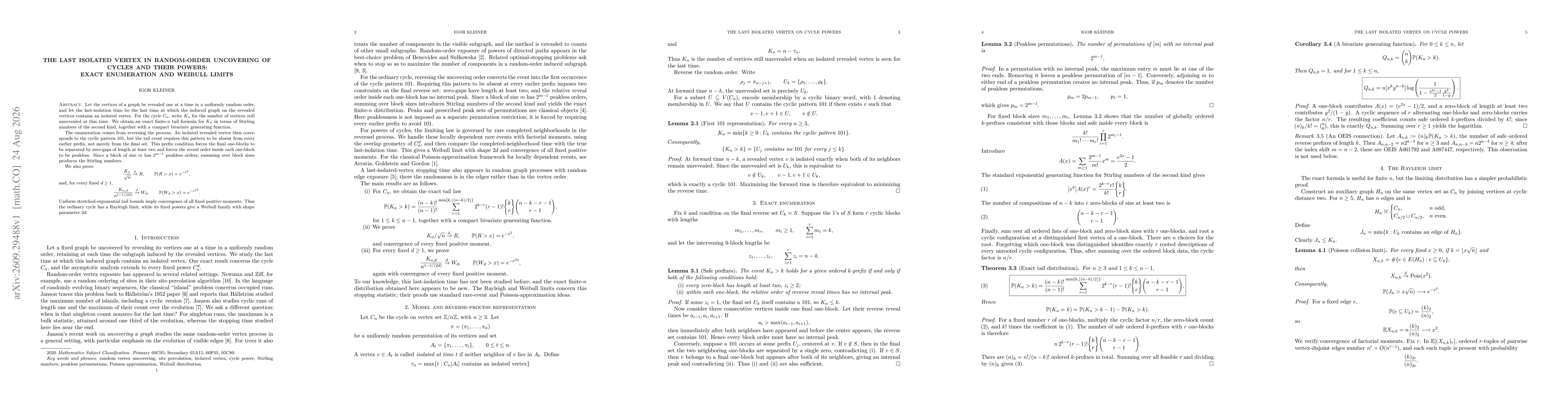 Thumbnail for The Last Isolated Vertex in Random-Order Uncovering of Cycles and Their Powers: Exact Enumeration and Weibull Limits