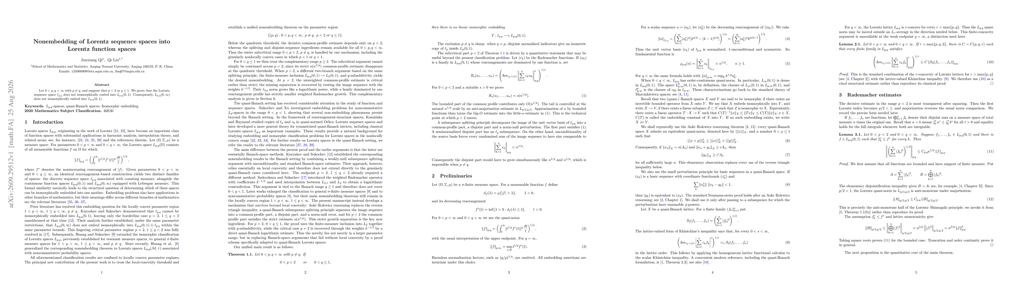 Thumbnail for Nonembedding of Lorentz sequence spaces into Lorentz function spaces