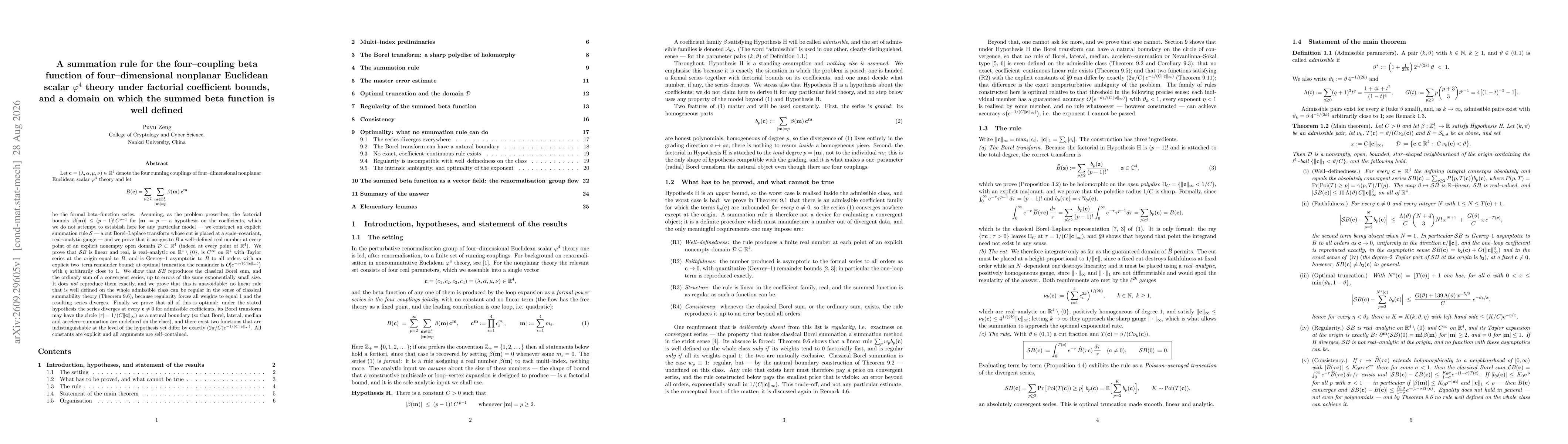 Thumbnail for A summation rule for the four-coupling beta function of four-dimensional nonplanar Euclidean scalar $\varphi^{4}$ theory under factorial coefficient bounds, and a domain on which the summed beta function is well defined