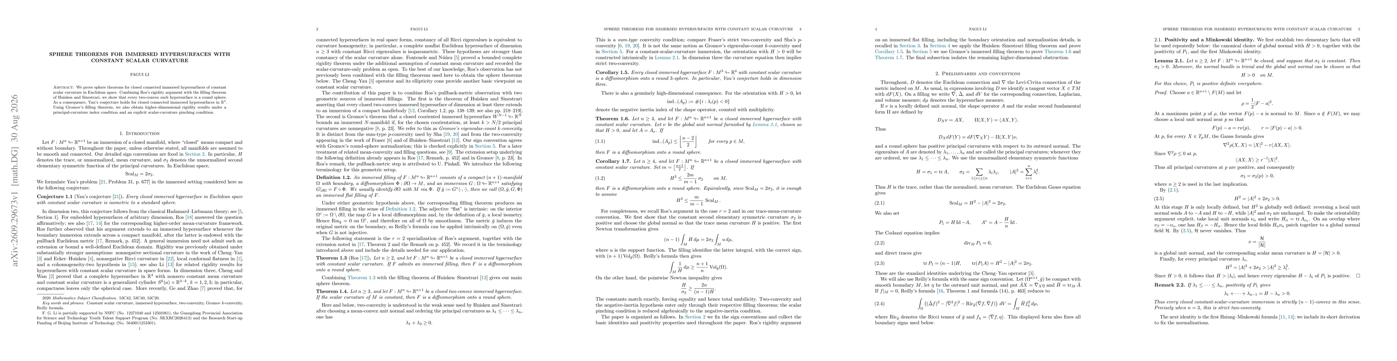 Thumbnail for Sphere Theorems for Immersed Hypersurfaces with Constant Scalar Curvature
