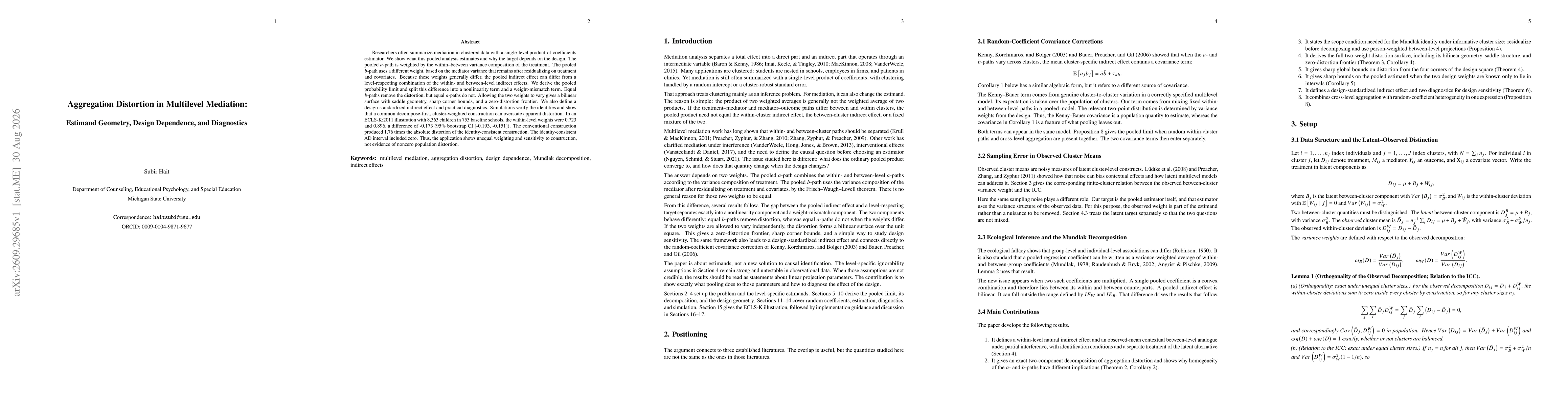 Thumbnail for Aggregation Distortion in Multilevel Mediation: Estimand Geometry, Design Dependence, and Diagnostics
