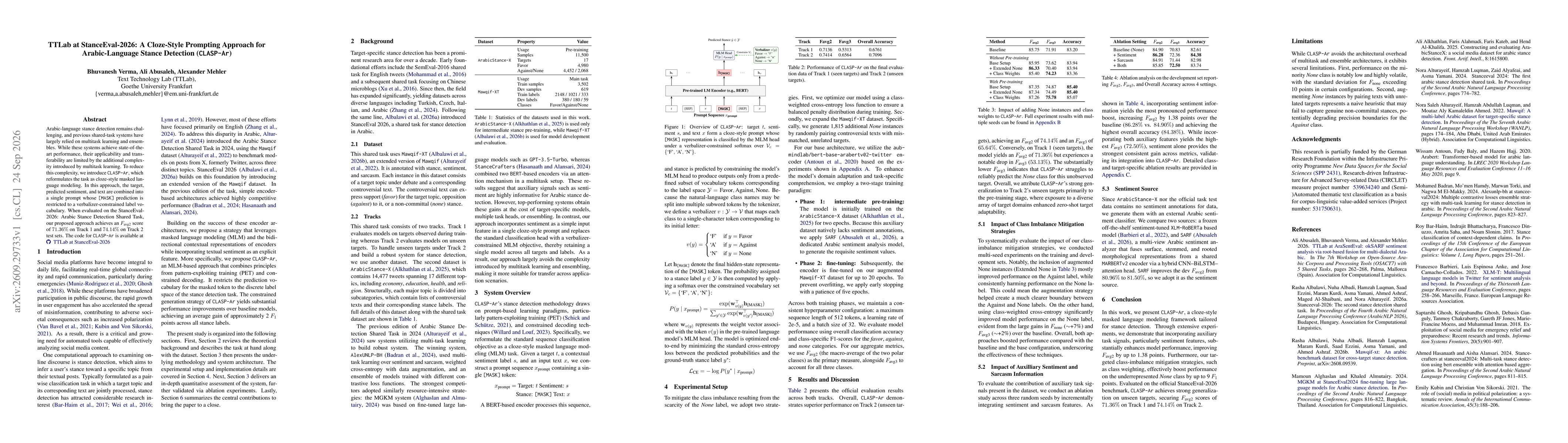 Thumbnail for TTLab at StanceEval-2026: A Cloze-Style Prompting Approach for Arabic-Language Stance Detection (CLASP-Ar)