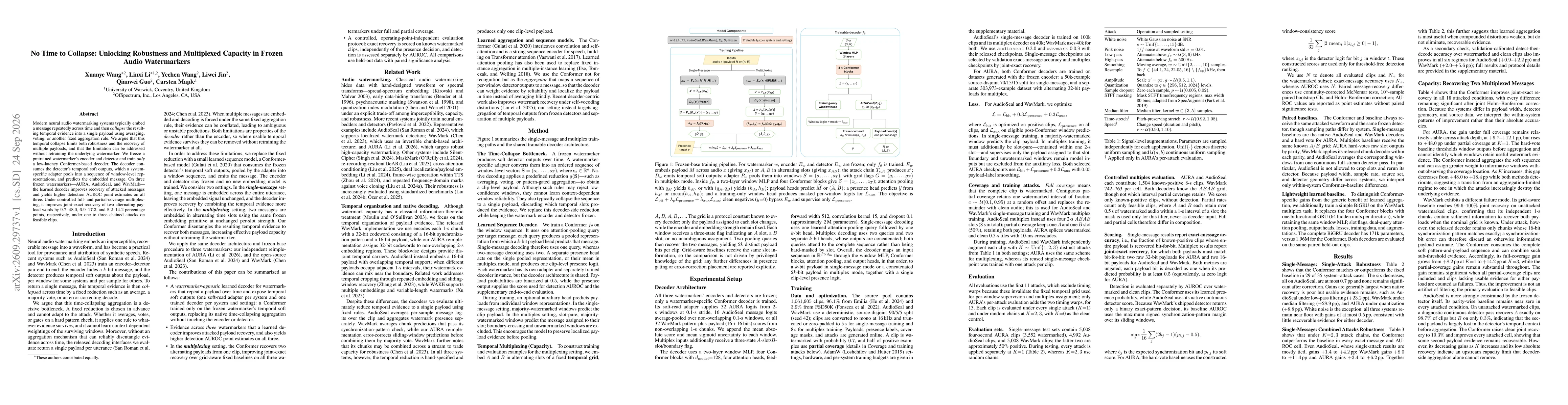 Thumbnail for No Time to Collapse: Unlocking Robustness and Multiplexed Capacity in Frozen Audio Watermarkers