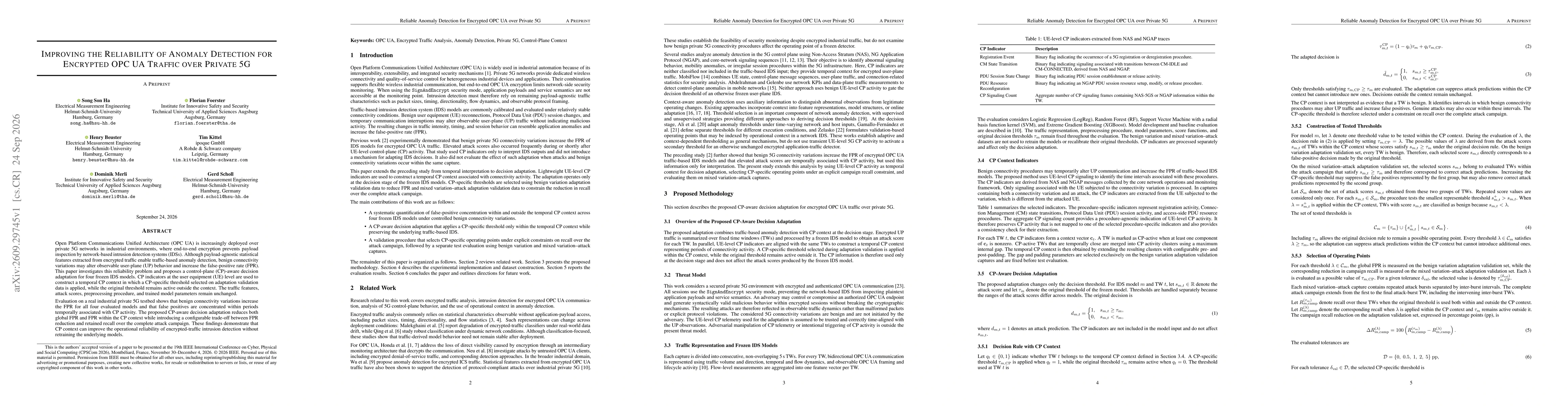 Thumbnail for Improving the Reliability of Anomaly Detection for Encrypted OPC UA Traffic over Private 5G