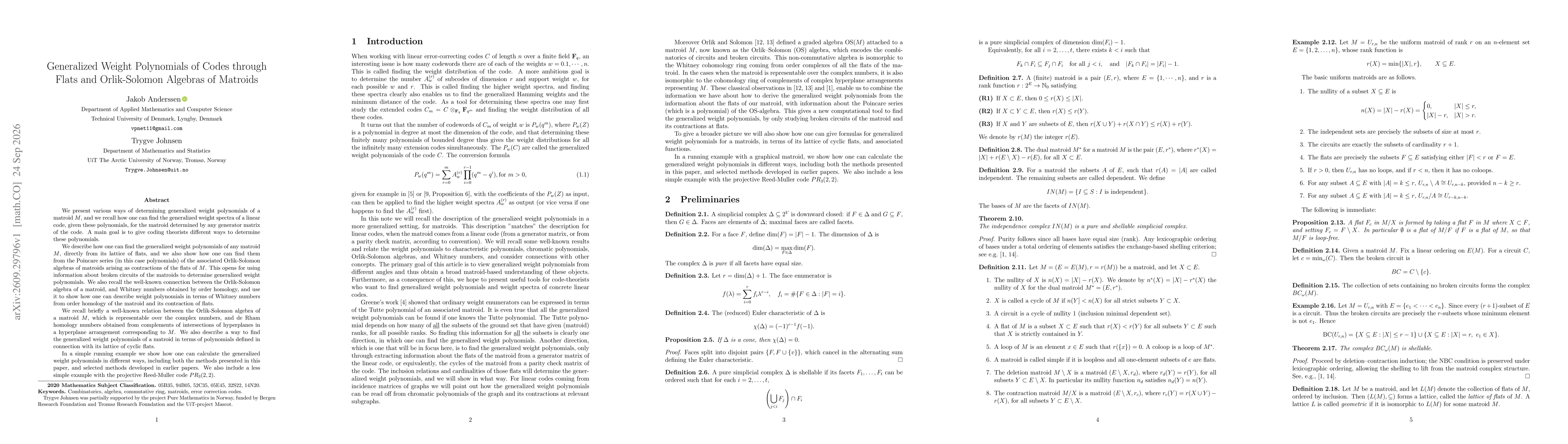 Thumbnail for Generalized Weight Polynomials of Codes through Flats and Orlik-Solomon Algebras of Matroids