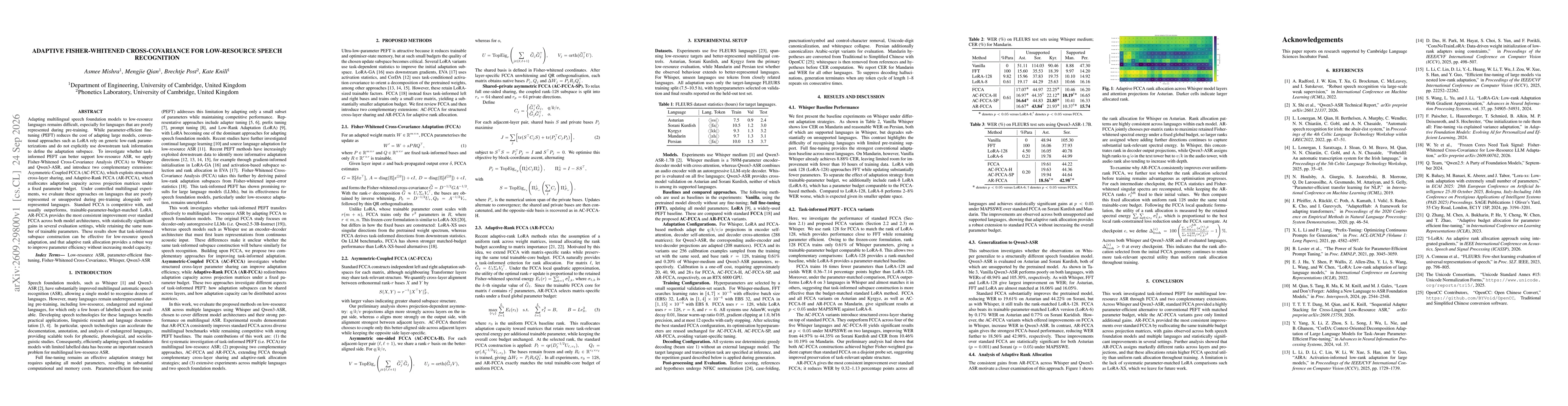 Thumbnail for Adaptive Fisher-Whitened Cross-Covariance for Low-Resource Speech Recognition