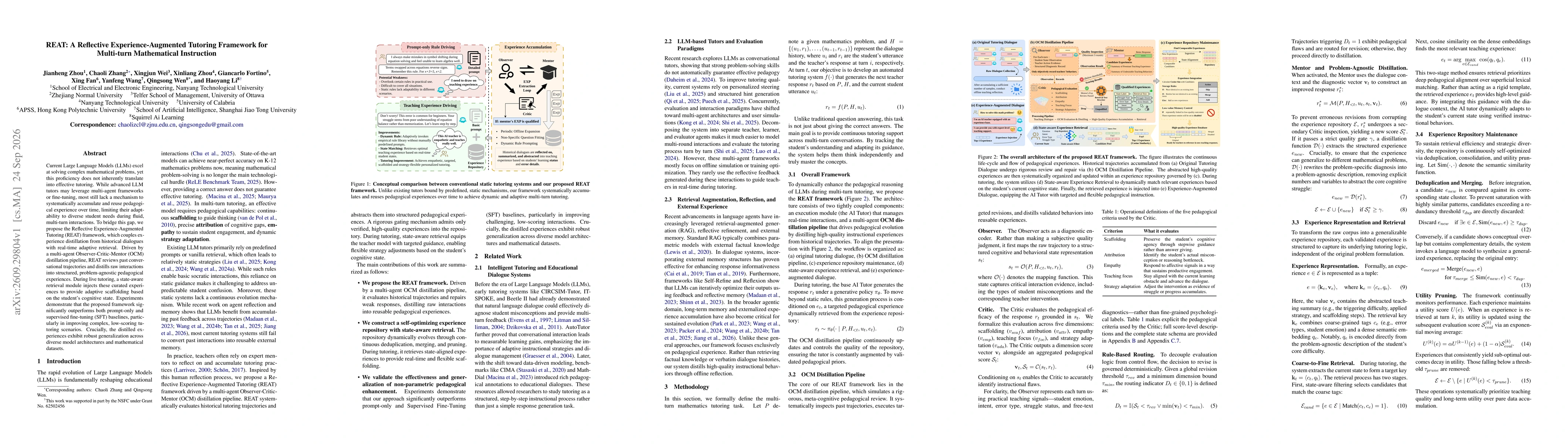 Thumbnail for REAT: A Reflective Experience-Augmented Tutoring Framework for Multi-turn Mathematical Instruction