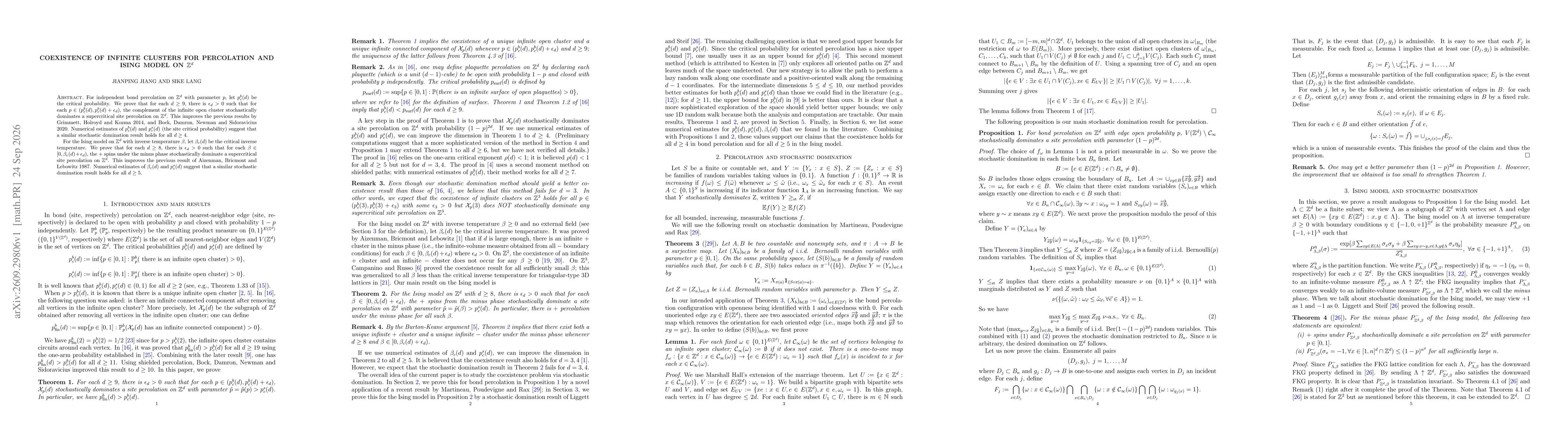 Thumbnail for Coexistence of infinite clusters for percolation and Ising model on $\mathbb{Z}^d$