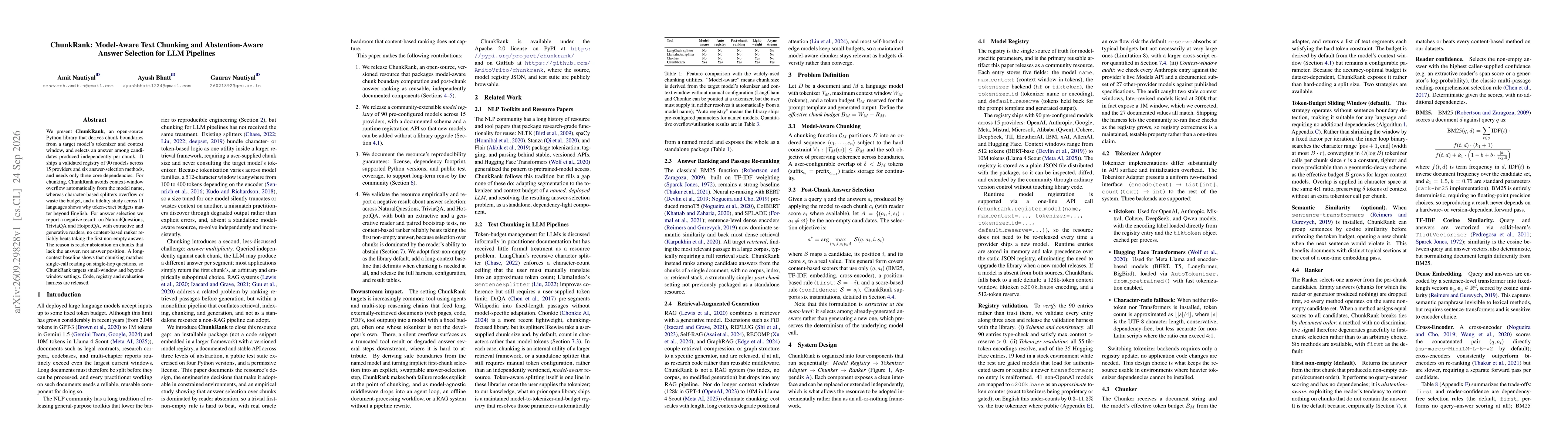 Thumbnail for ChunkRank: Model-Aware Text Chunking and Abstention-Aware Answer Selection for LLM Pipelines