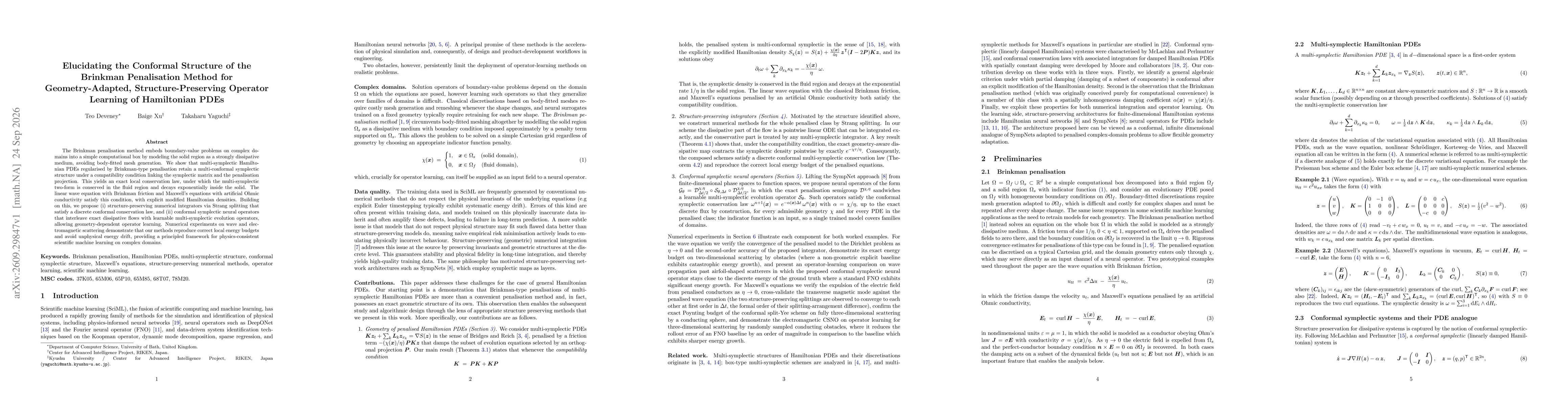Thumbnail for Elucidating the Conformal Structure of the Brinkman Penalisation Method for Geometry-Adapted, Structure-Preserving Operator Learning of Hamiltonian PDEs