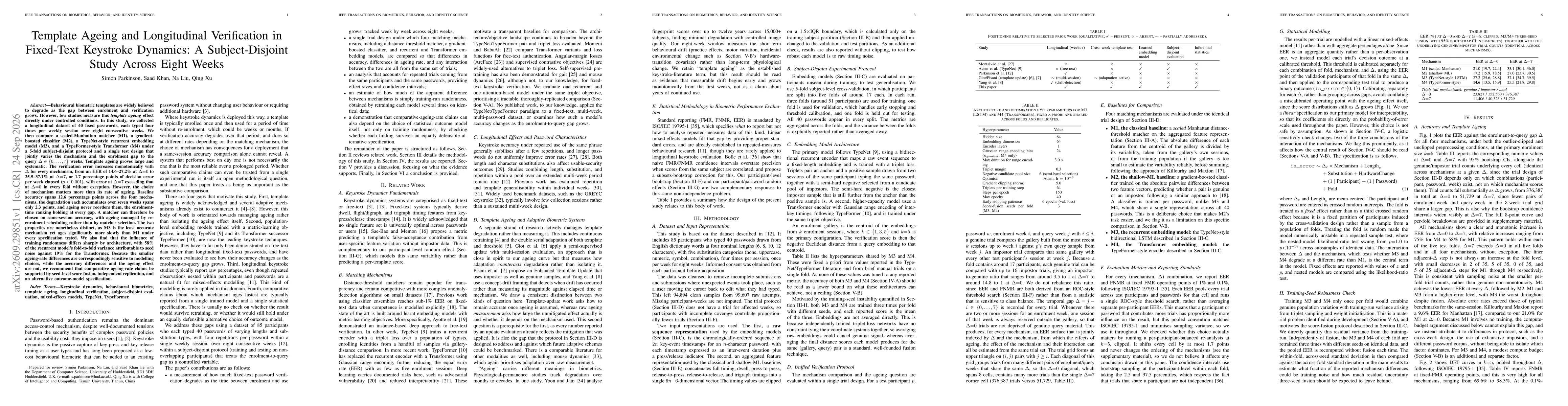 Thumbnail for Template Ageing and Longitudinal Verification in Fixed-Text Keystroke Dynamics: A Subject-Disjoint Study Across Eight Weeks