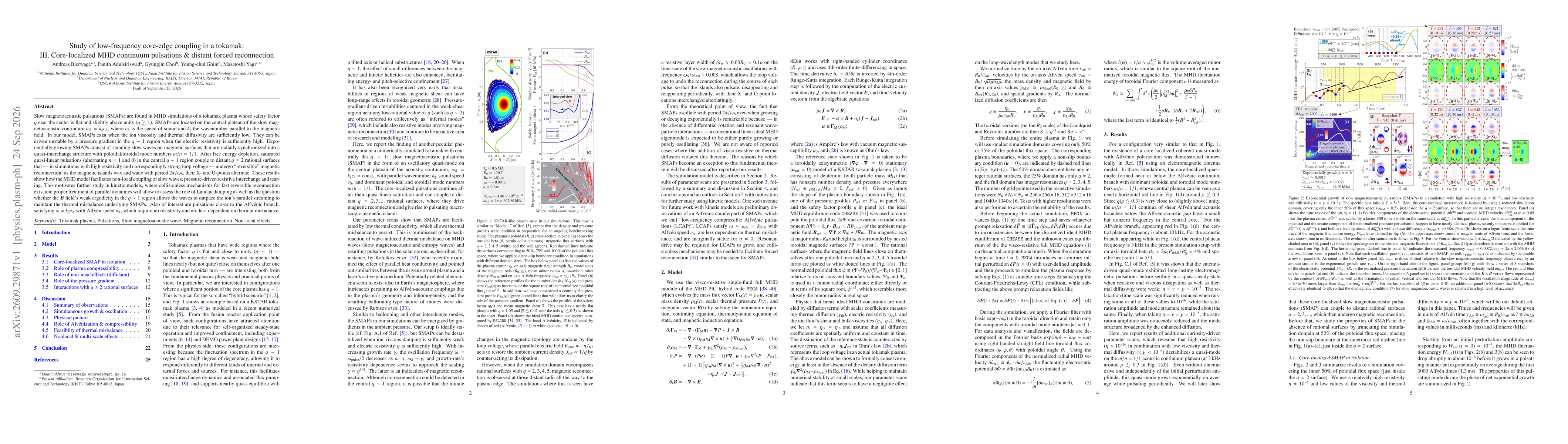 Thumbnail for Study of low-frequency core-edge coupling in a tokamak: III. Core-localized MHD continuum pulsations \& distant forced reconnection