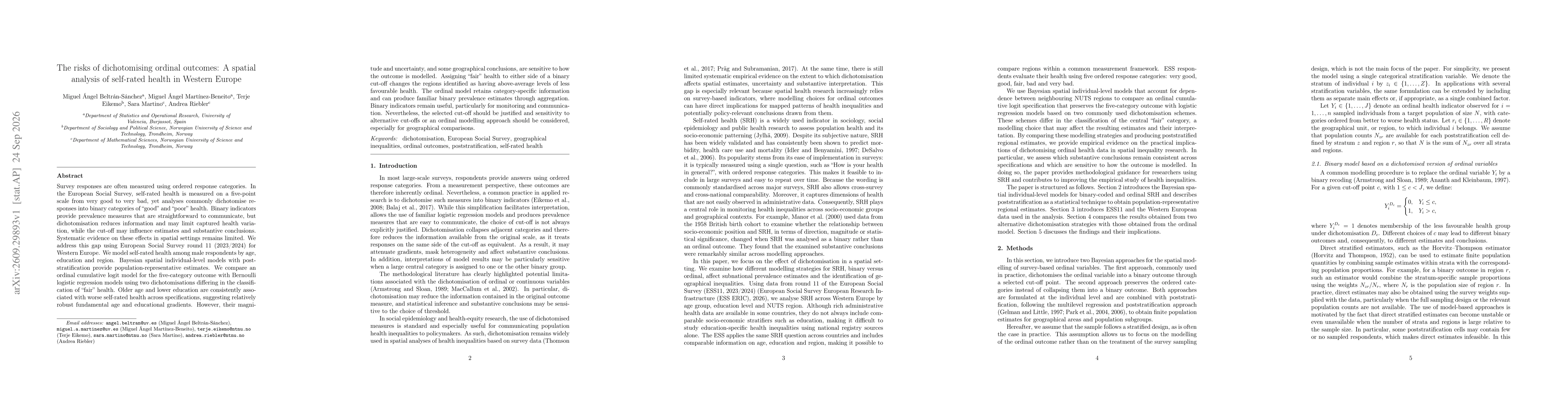Thumbnail for The risks of dichotomising ordinal outcomes: A spatial analysis of self-rated health in Western Europe