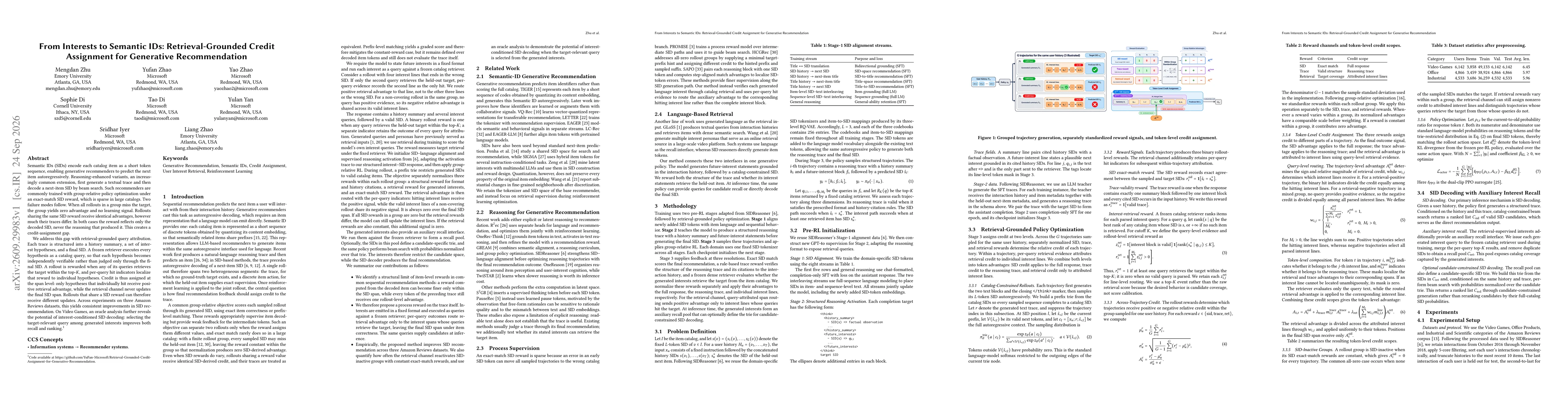 Thumbnail for From Interests to Semantic IDs: Retrieval-Grounded Credit Assignment for Generative Recommendation