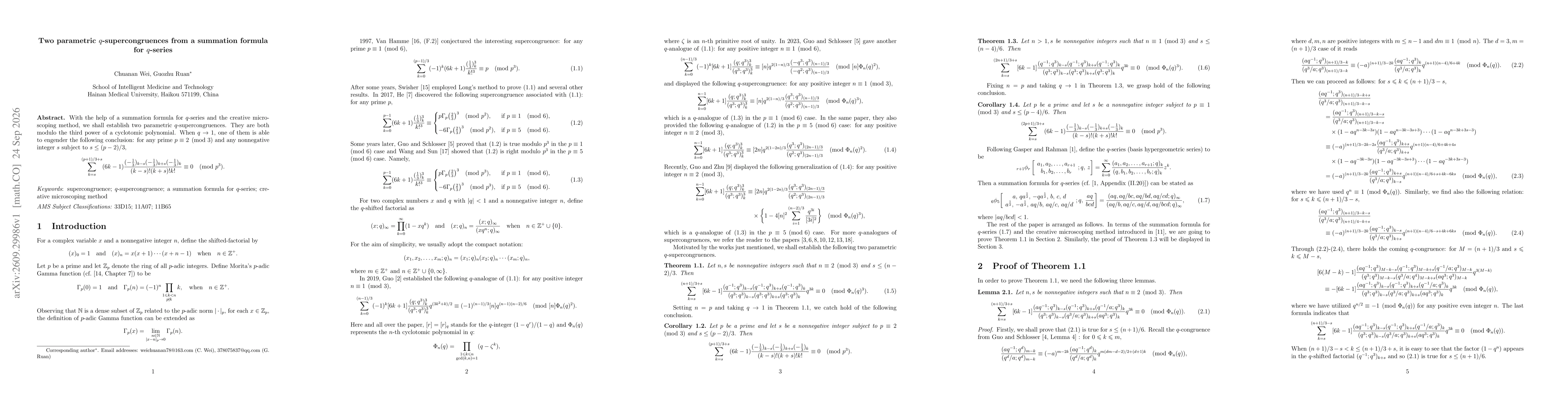 Thumbnail for Two parametric q-supercongruences from a summation formula for q-series