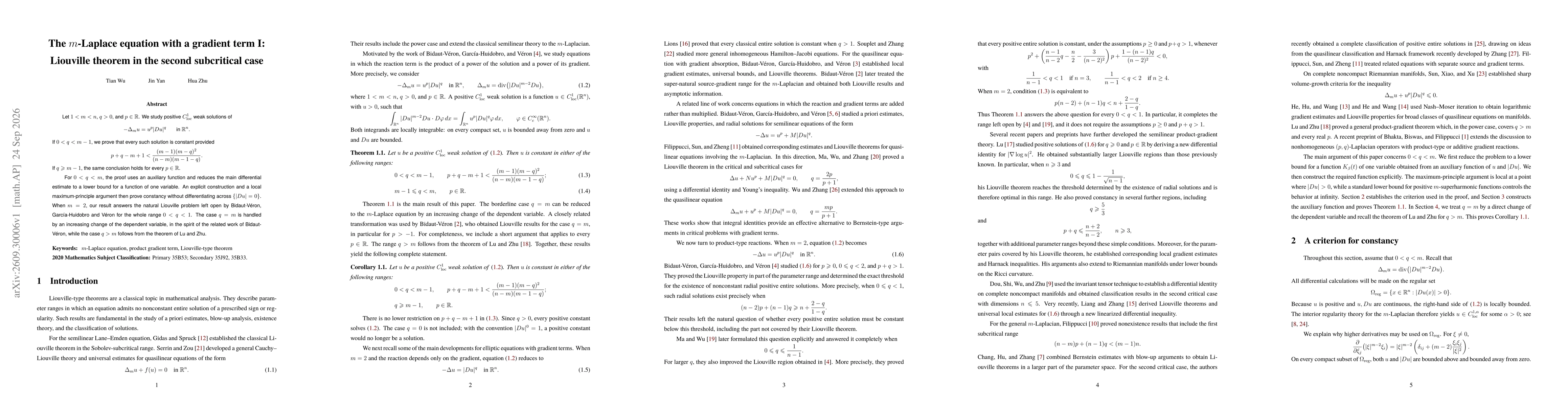 Thumbnail for The $m$-Laplace equation with a gradient term I: Liouville theorem in the second subcritical case