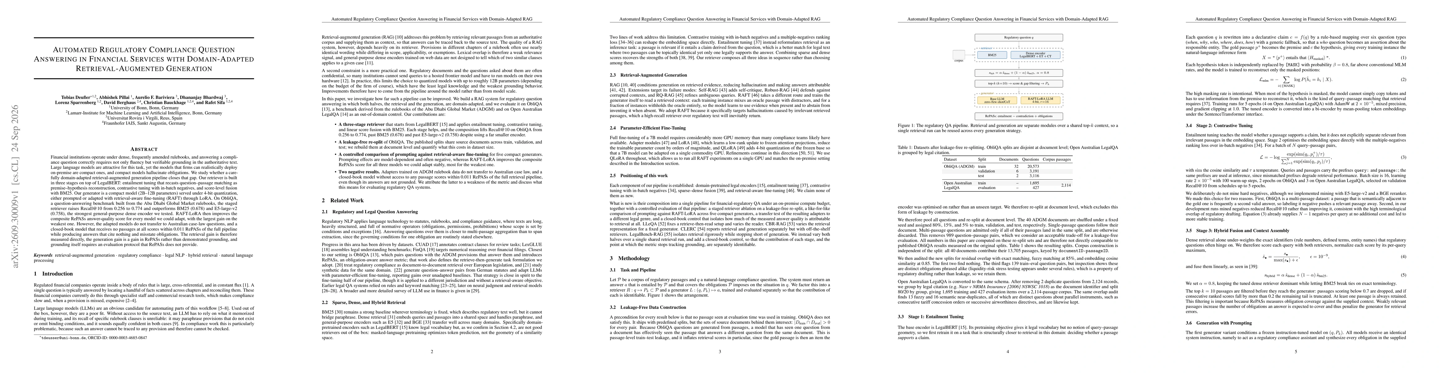 Thumbnail for Automated Regulatory Compliance Question Answering in Financial Services with Domain-Adapted Retrieval-Augmented Generation