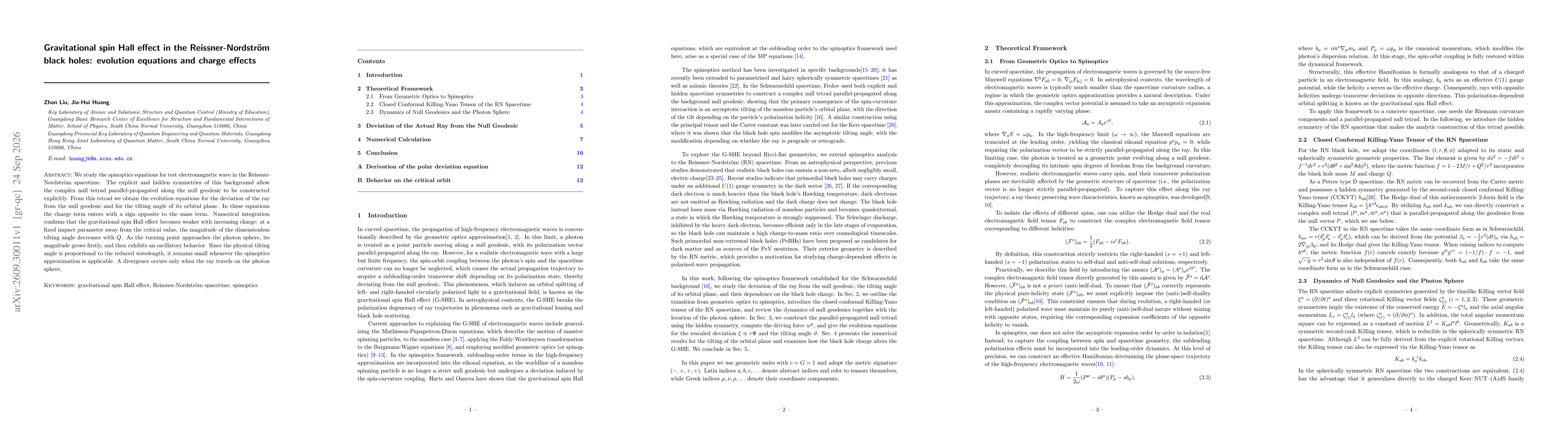 Thumbnail for Gravitational spin Hall effect in the Reissner-Nordström black holes: evolution equations and charge effects