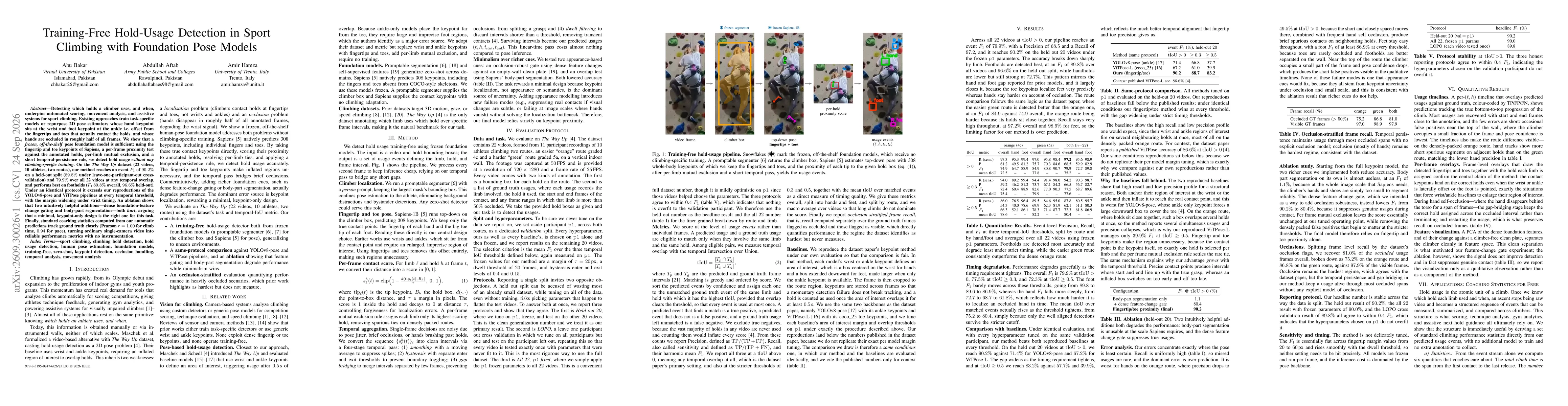 Thumbnail for Training-Free Hold-Usage Detection in Sport Climbing with Foundation Pose Models