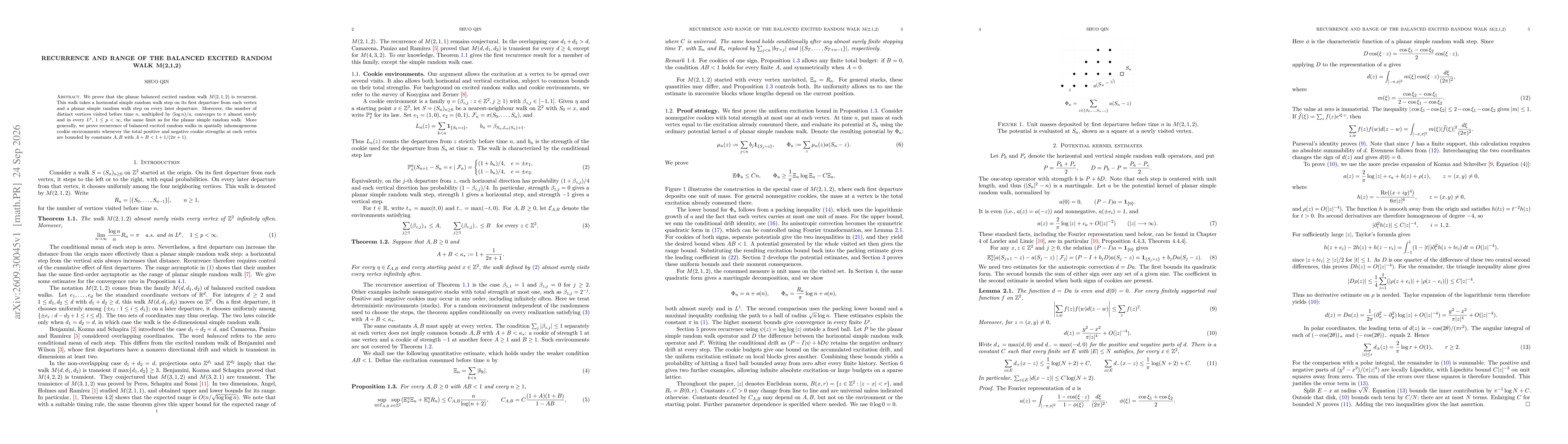Thumbnail for Recurrence and range of the balanced excited random walk M(2,1,2)