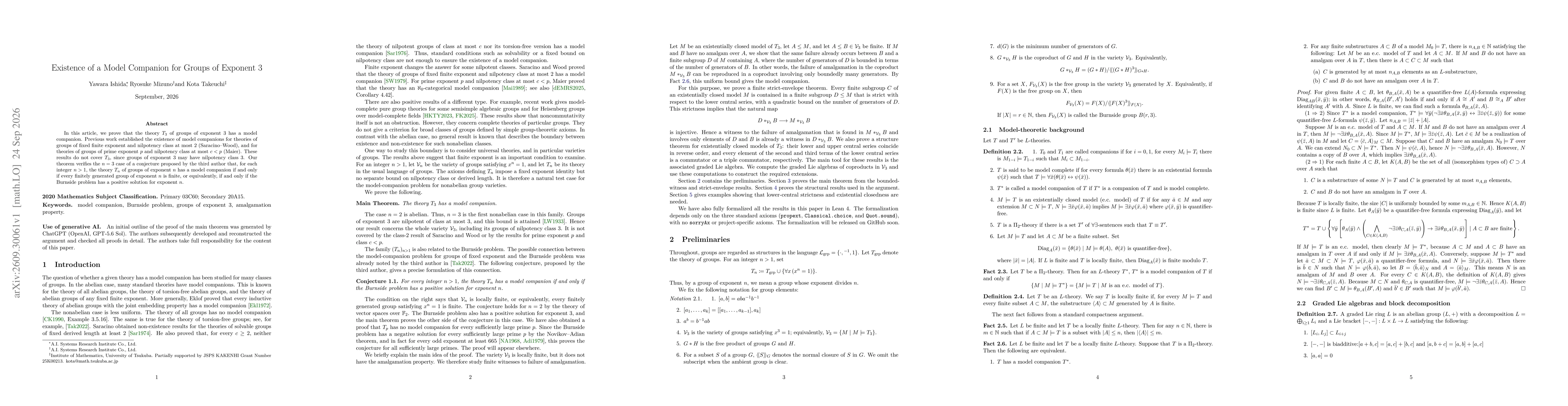 Thumbnail for Existence of a Model Companion for Groups of Exponent 3