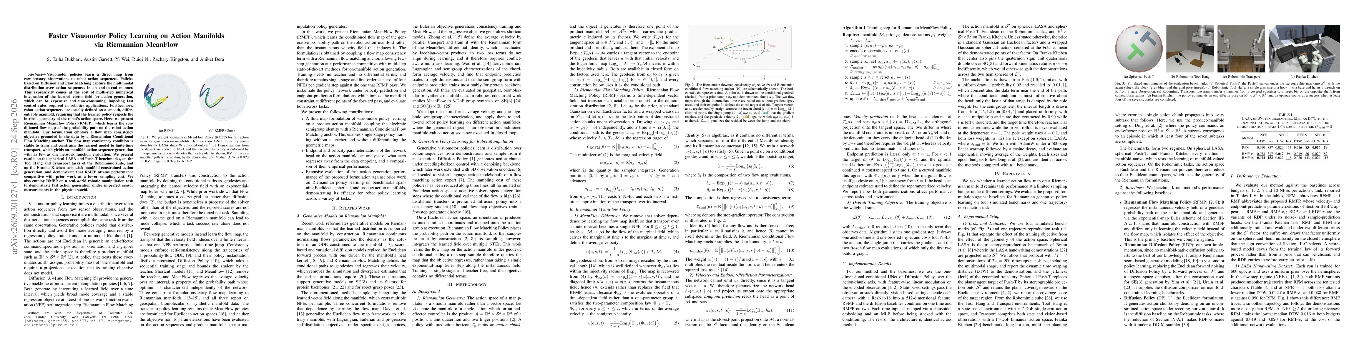 Thumbnail for Faster Visuomotor Policy Learning on Action Manifolds via Riemannian MeanFlow