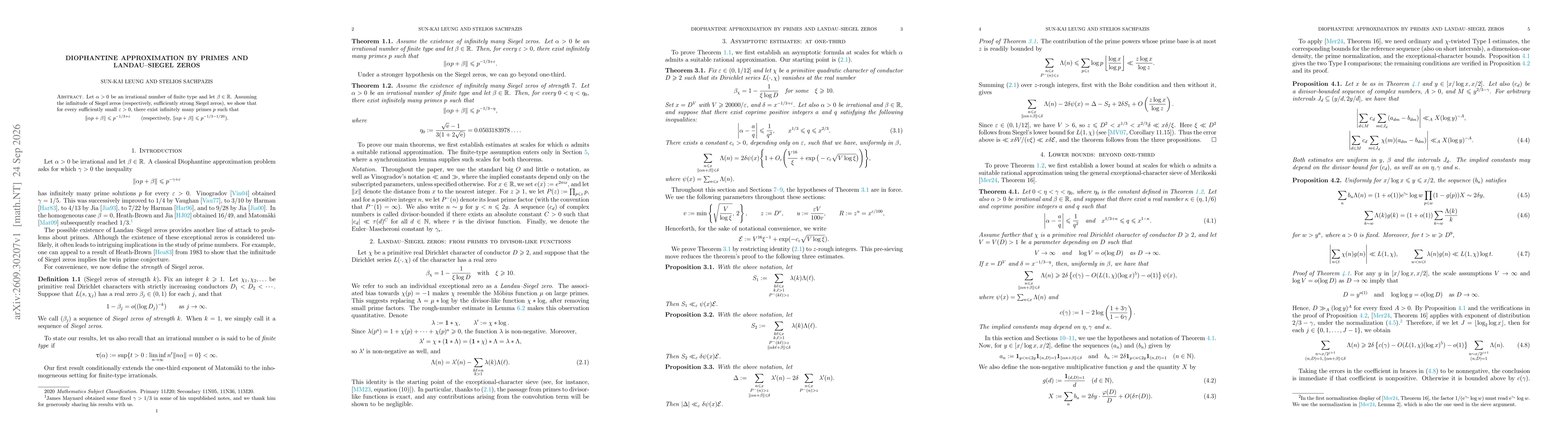 Thumbnail for Diophantine approximation by primes and Landau--Siegel zeros