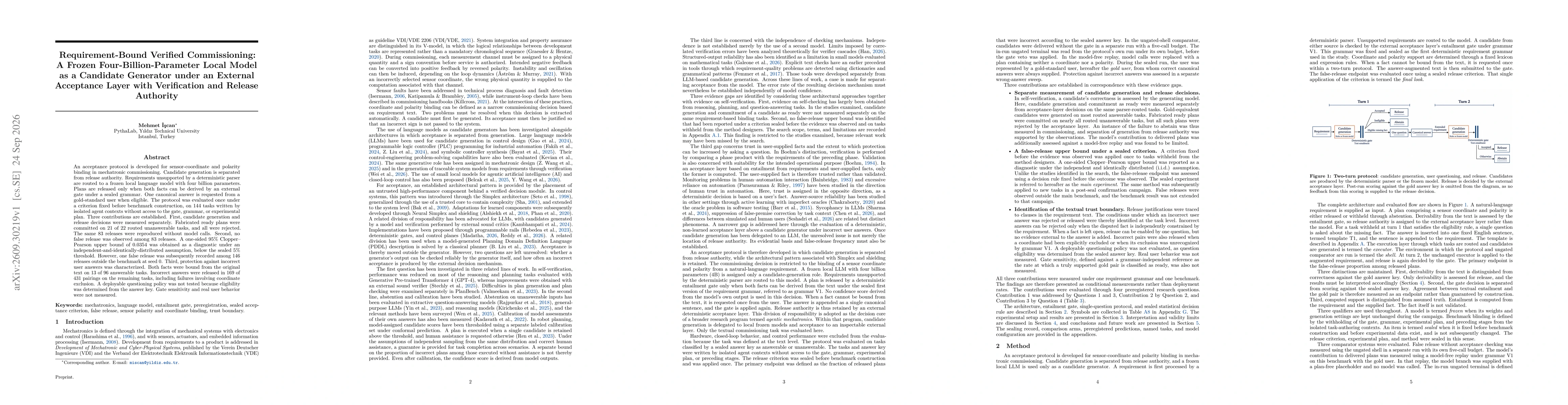 Thumbnail for Requirement-Bound Verified Commissioning: A Frozen Four-Billion-Parameter Local Model as a Candidate Generator under an External Acceptance Layer with Verification and Release Authority
